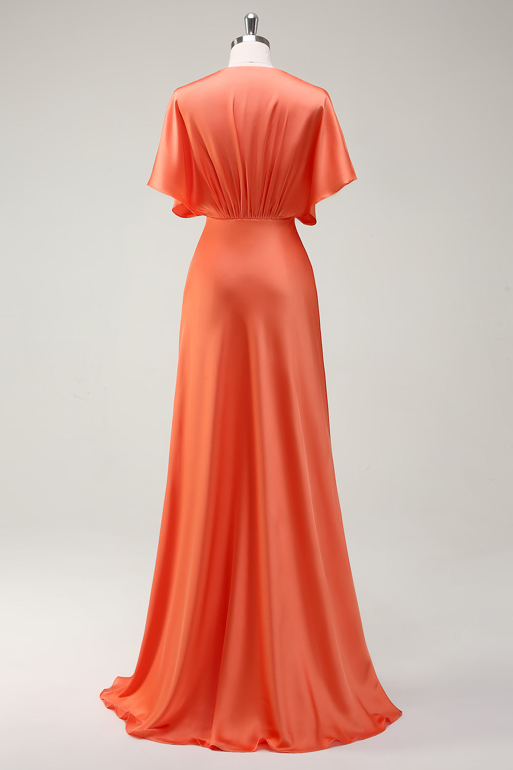 Sunset A Line V Neck Satin Long Bridesmaid Dress with Short Sleeves