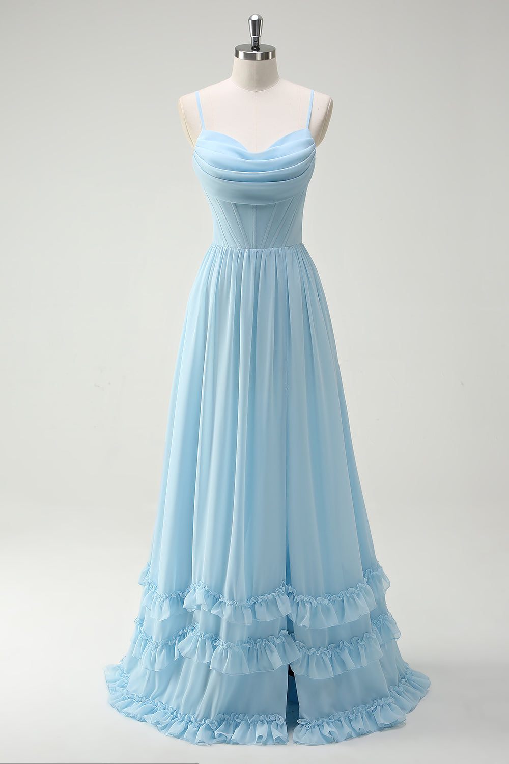 Sky Blue A-Line Cowl Neck Corset Floor Length Bridesmaid Dress with Ruffle Slit