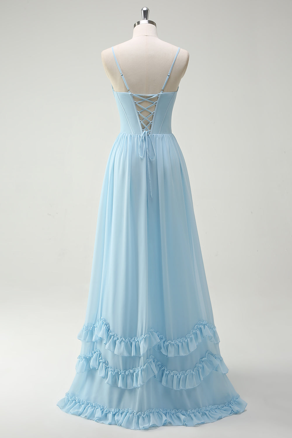 Sky Blue A-Line Cowl Neck Corset Floor Length Bridesmaid Dress with Ruffle Slit