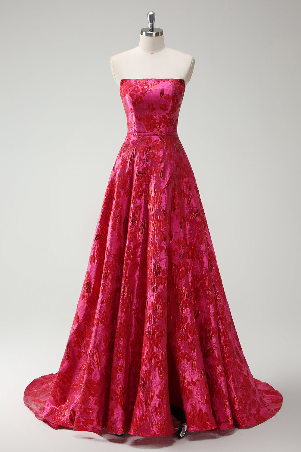 Fuchsia Floral A Line Strapless Brocade Long Prom Dress with Slit