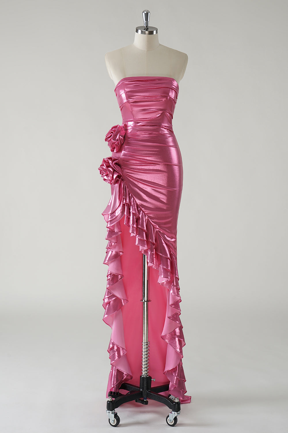 Fuchsia Sheath Strapless Ruched 3D floral Metallic Prom Dress with Ruffled Slit