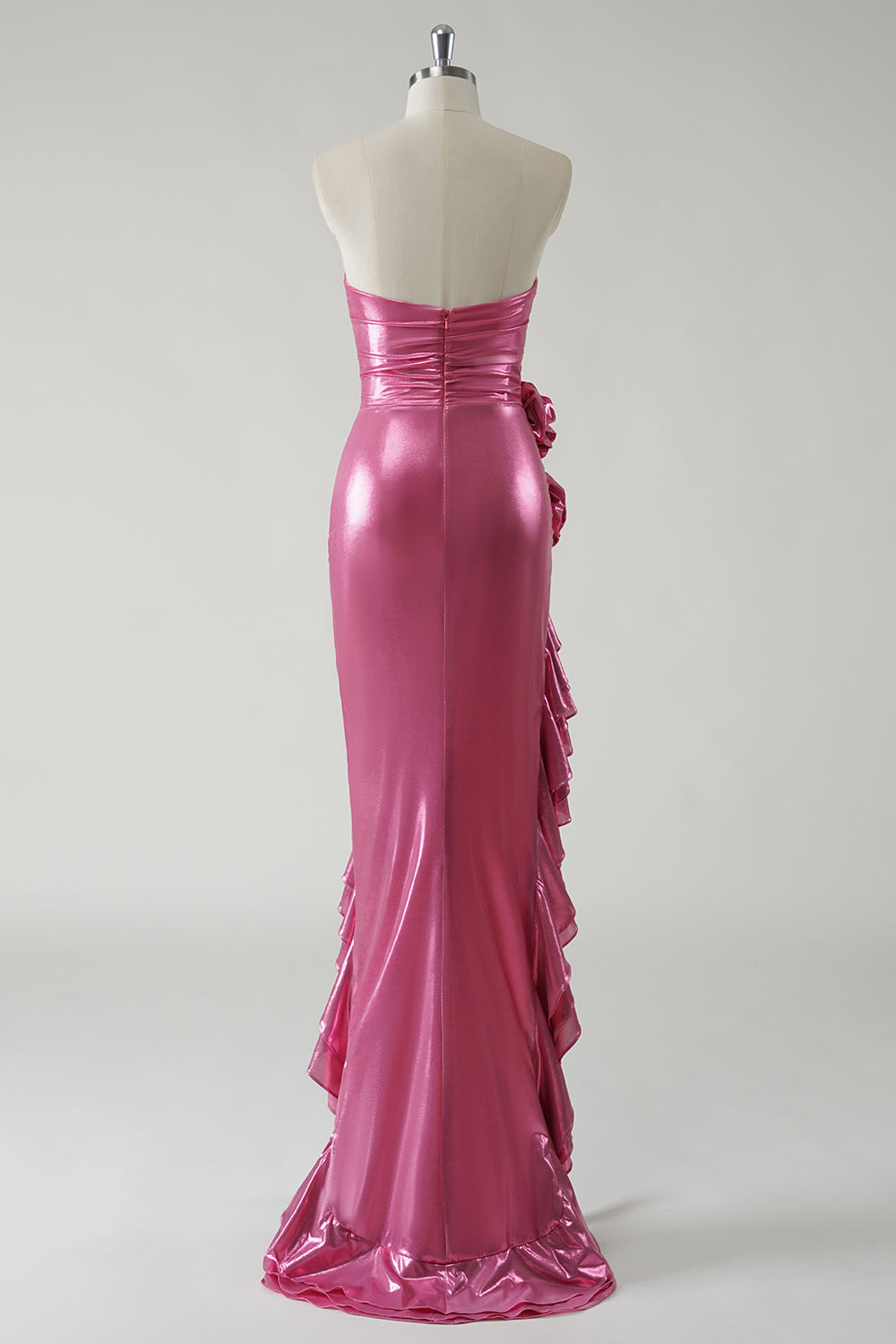 Fuchsia Sheath Strapless Ruched 3D floral Metallic Prom Dress with Ruffled Slit