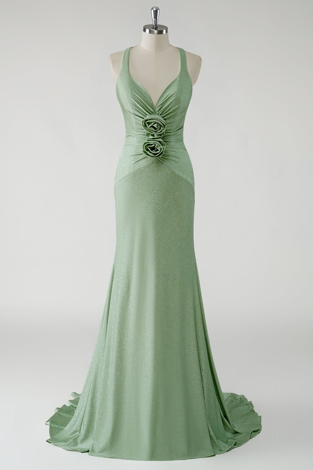 Green Sheath V Neck Ruched Long Prom Dress with 3D Flowers