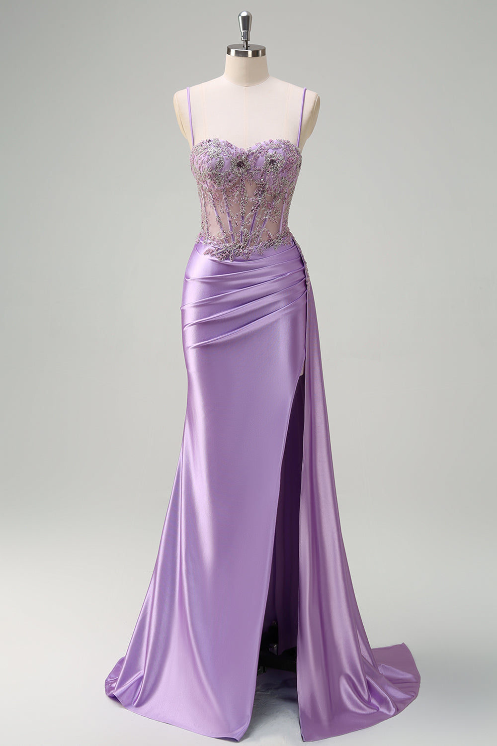 Sparkly Purple Mermaid Watteau Train Corset Beaded Long Prom Dress with Slit