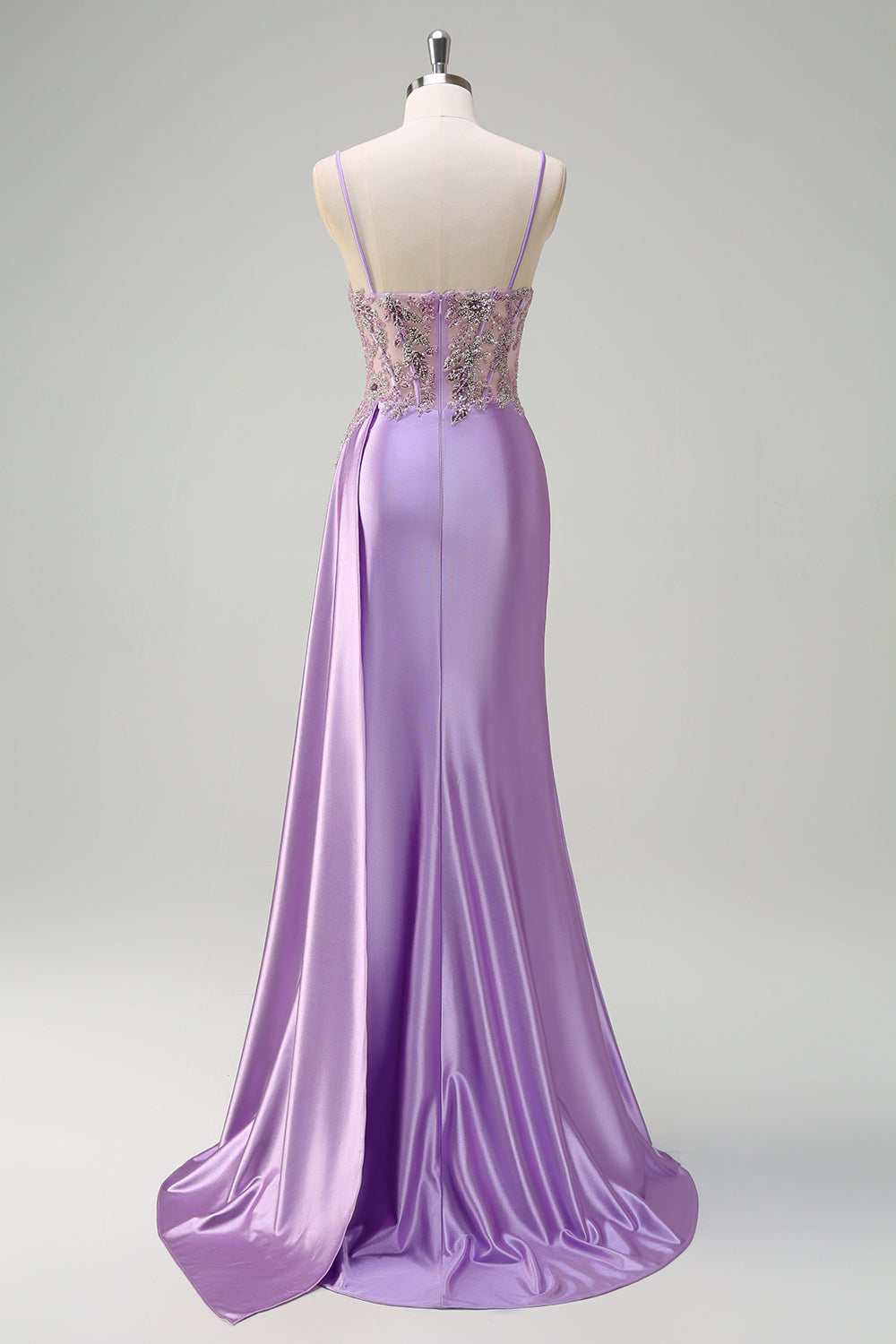 Sparkly Purple Mermaid Watteau Train Corset Beaded Long Prom Dress with Slit