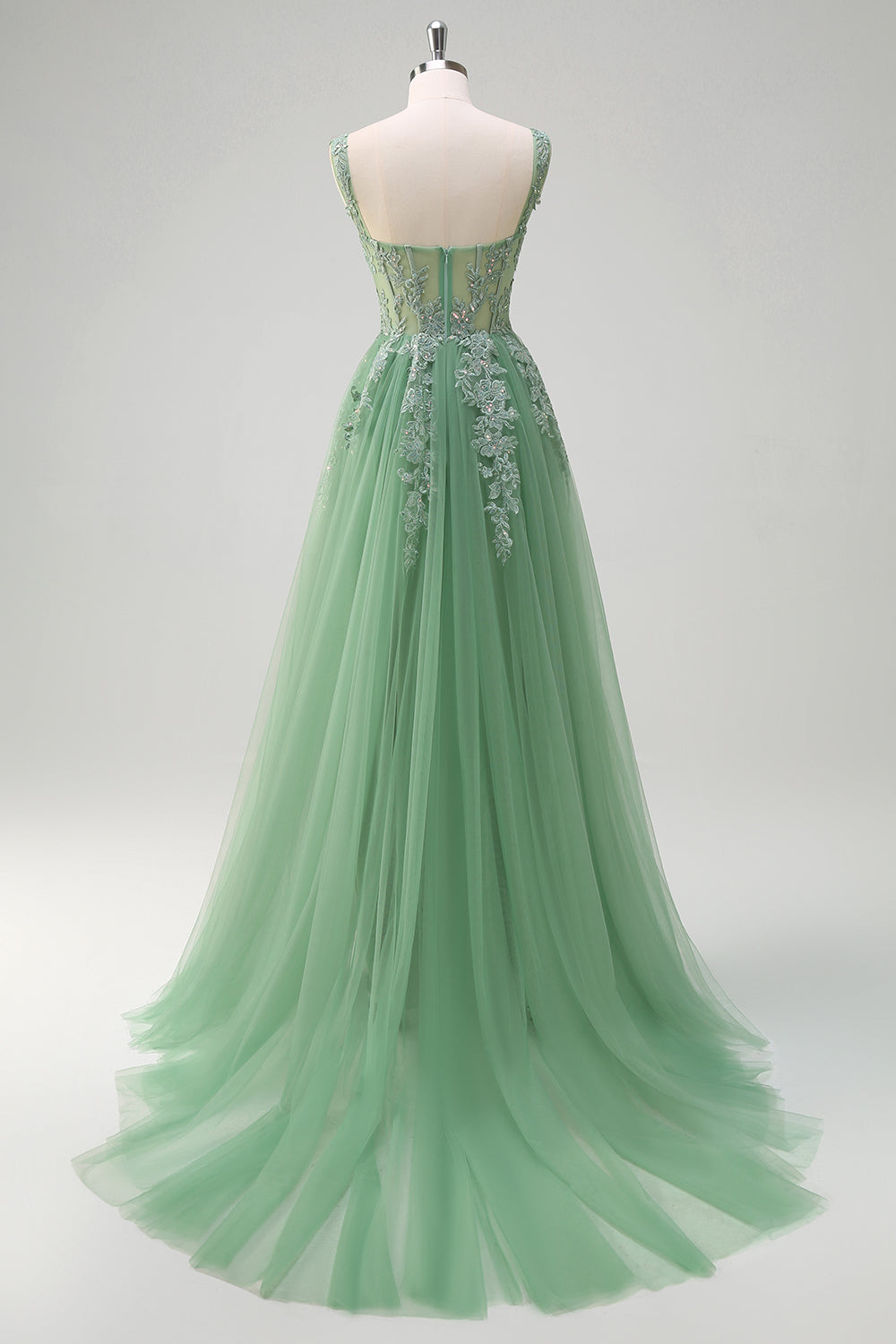 Green Tulle A-Line Spaghetti Straps Corset Sequin Long Prom Dress with Appliques