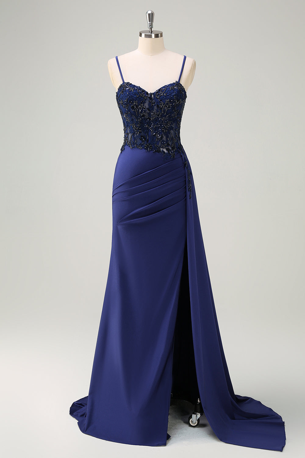 Navy Blue Mermaid Ruched Spaghetti Straps Long Prom Dress with Slit