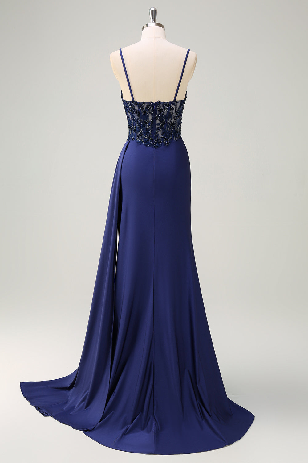 Navy Blue Mermaid Ruched Spaghetti Straps Long Prom Dress with Slit