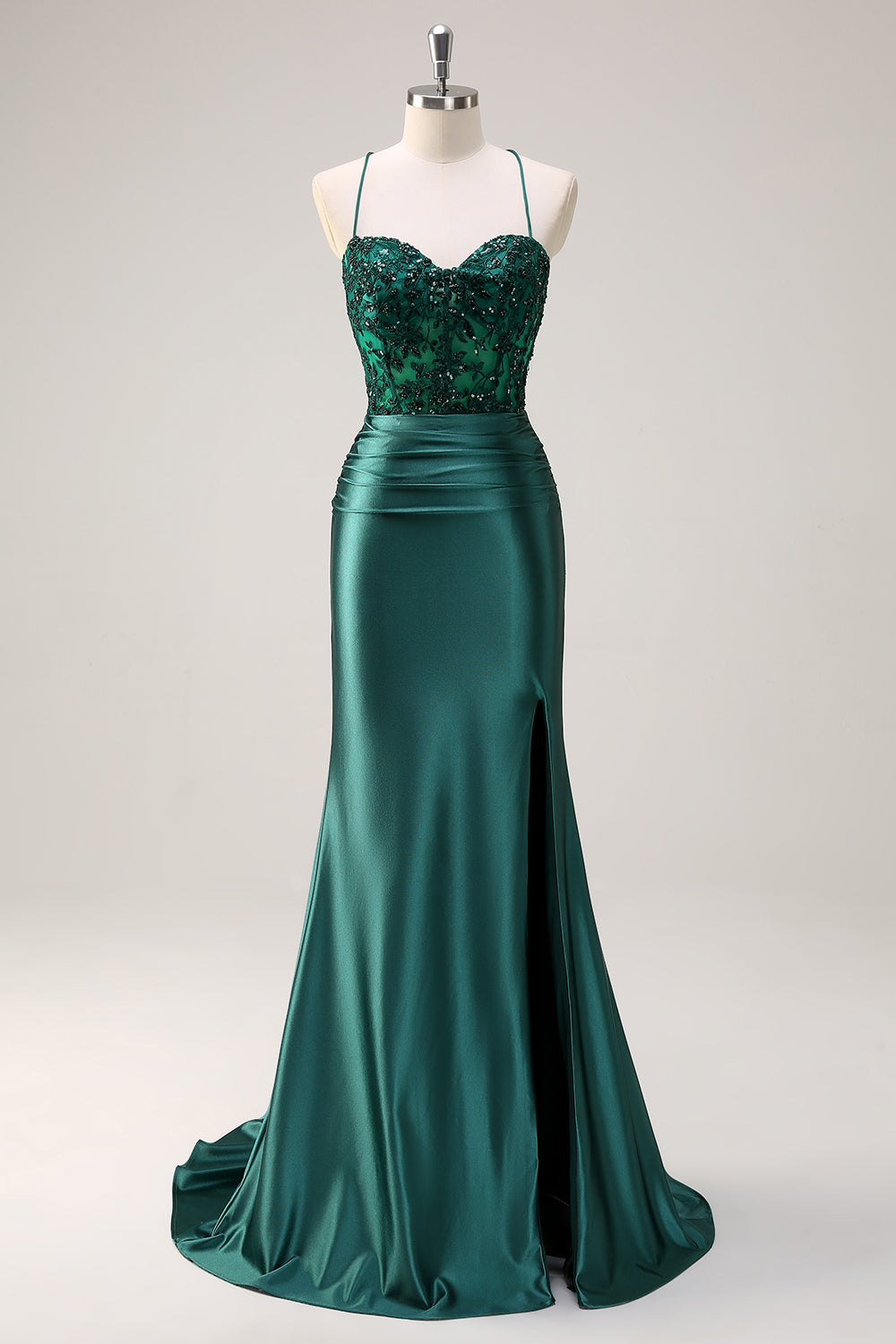 Sparkly Dark Green Halter Corset Mermaid Long Prom Dress With Slit