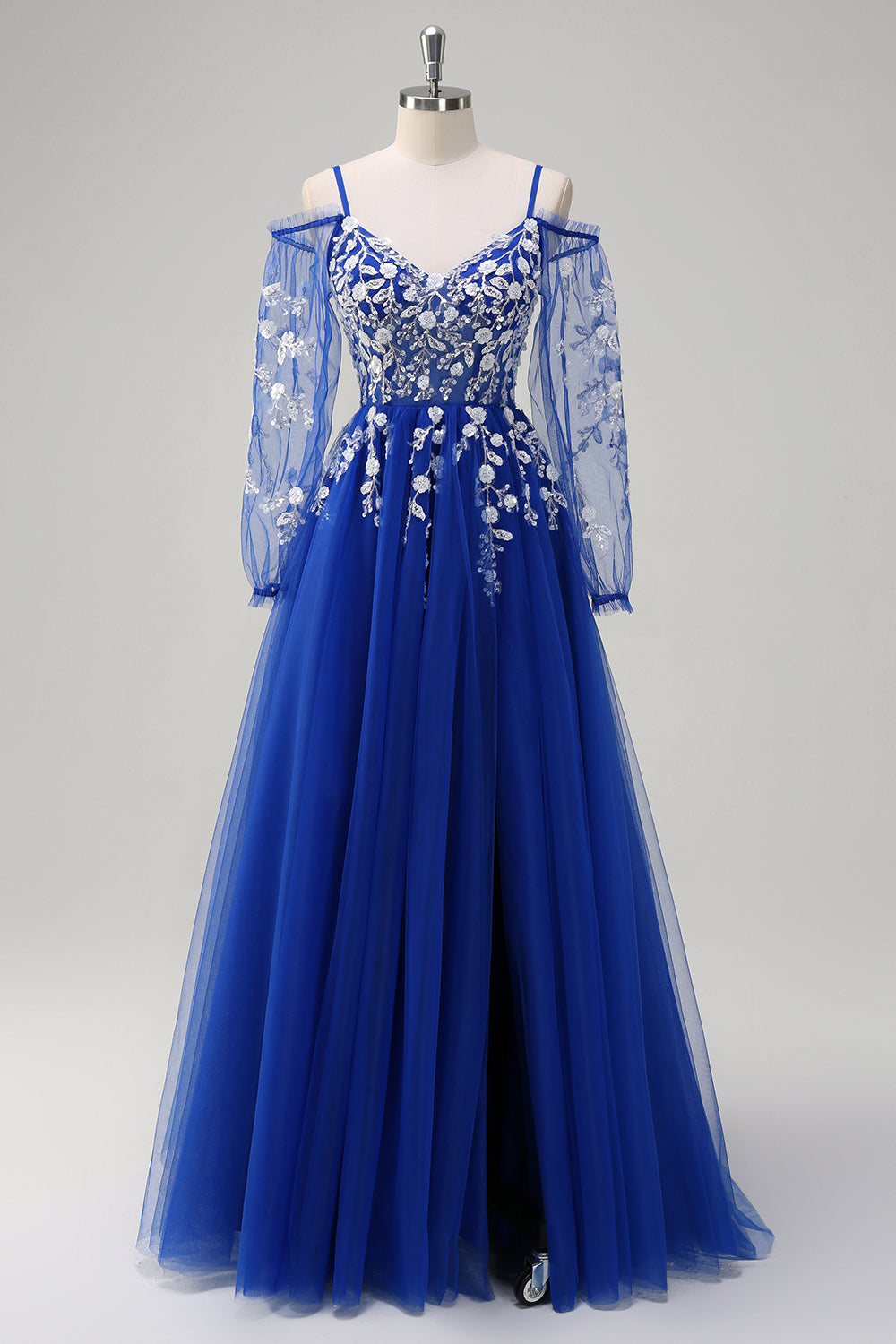 Royal Blue A-Line Cold Shoulder Sequin Long Sleeves Prom Dress with Appliques