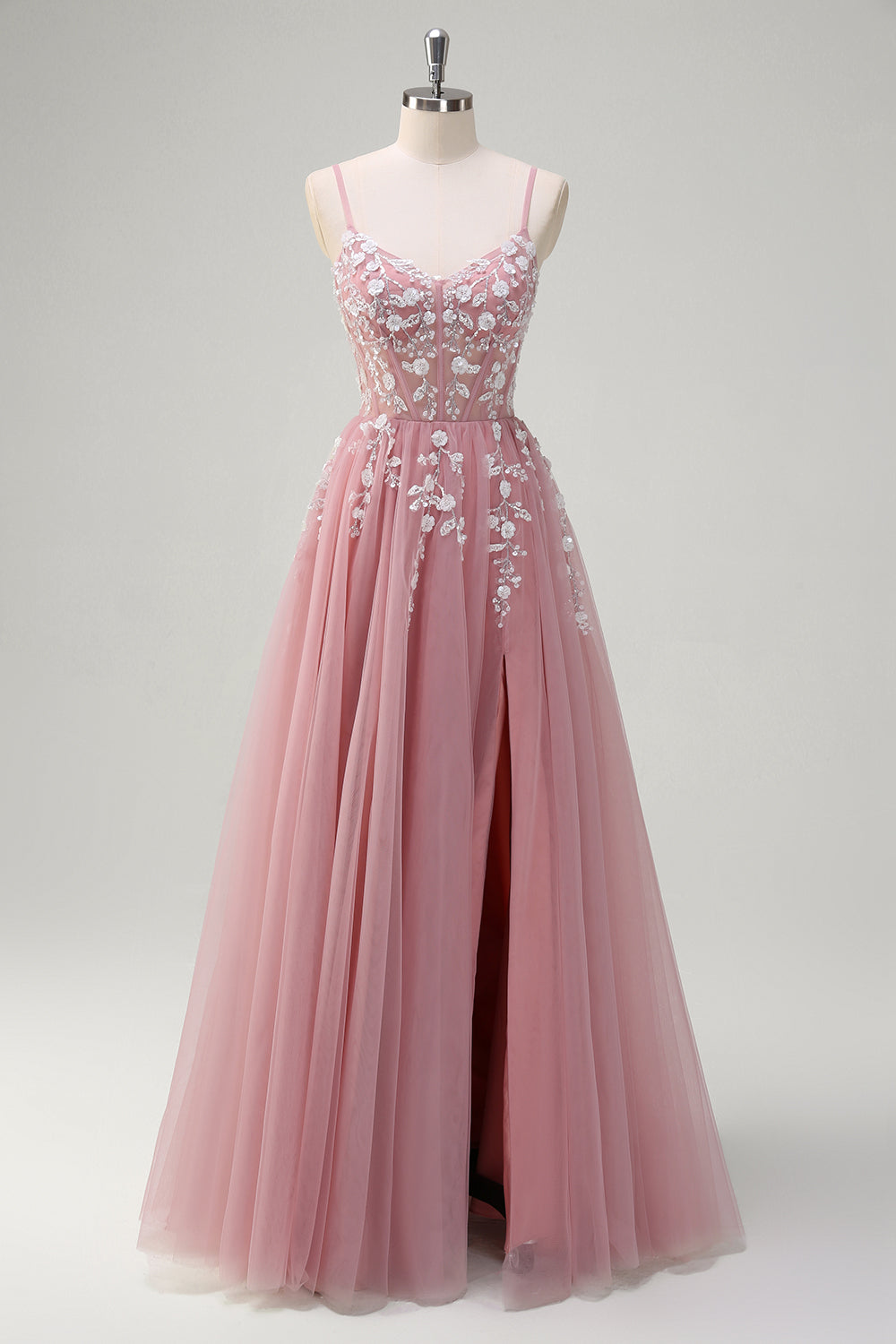 Blush A-Line Spaghetti Straps Sequin Appliqued Prom Dress with Tulle Slit