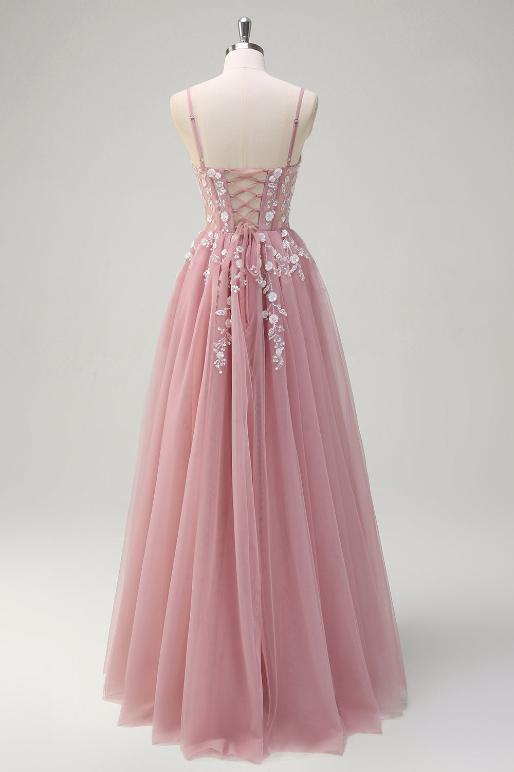 Blush A-Line Spaghetti Straps Sequin Appliqued Prom Dress with Tulle Slit