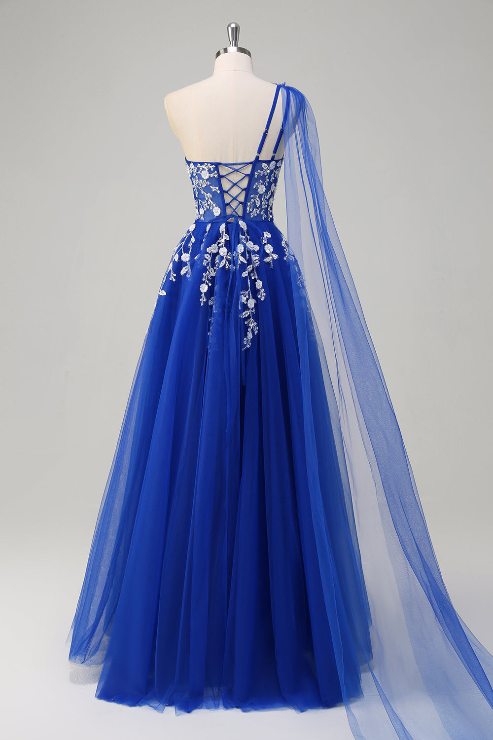 Royal Blue A-Line One Shoulder Streamer Appliqued Prom Dress with Lace Up Back