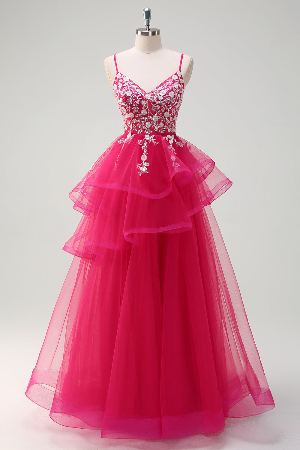 Fuchsia A Line Spaghetti Straps Sequin Spiral Ruffles Prom Dress with Appliques