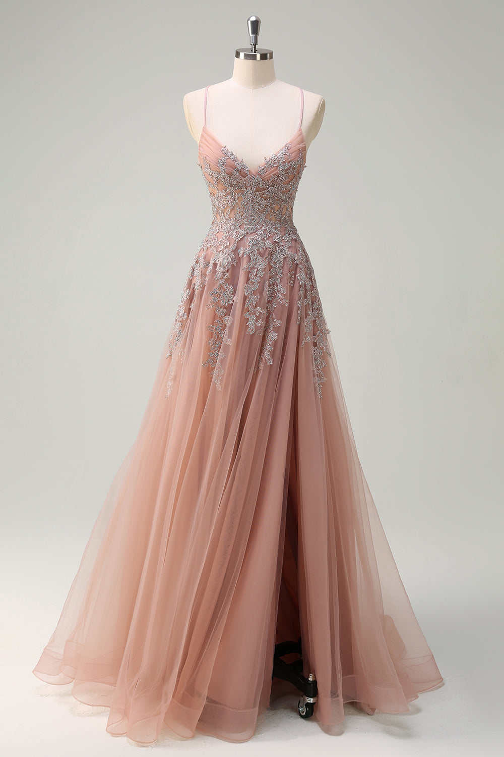 A-Line Spaghetti Straps Blush Tulle Split Long Prom Dress with Appliqued Beading