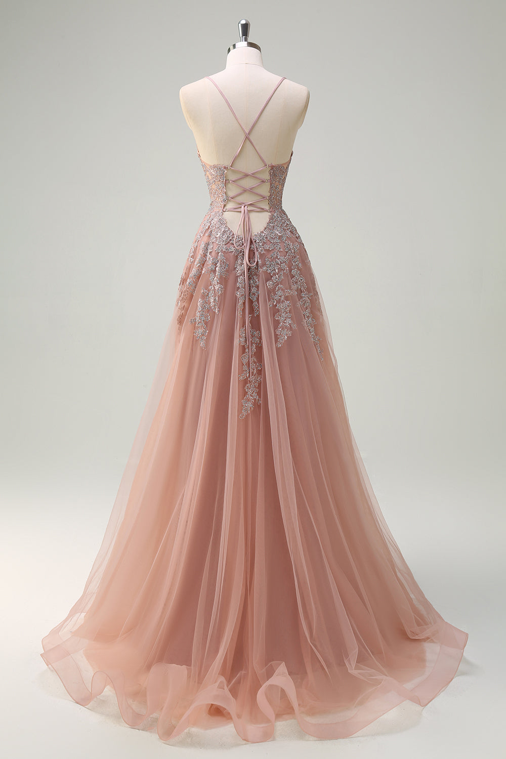 A-Line Spaghetti Straps Blush Tulle Split Long Prom Dress with Appliqued Beading