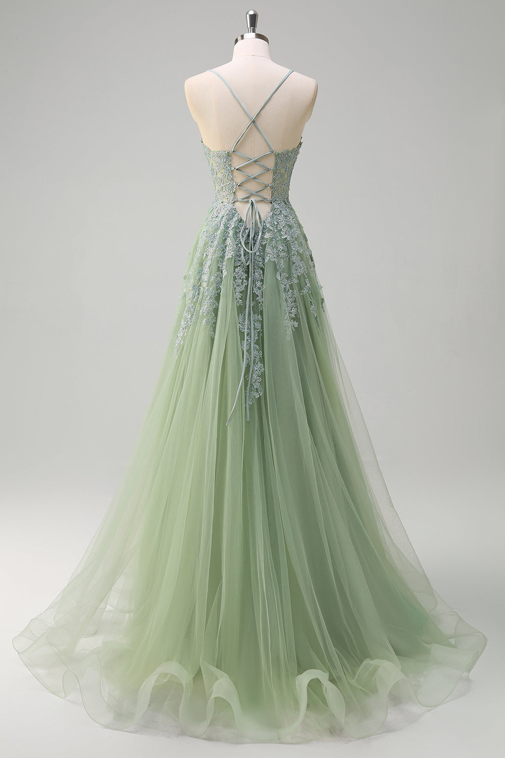 Green Tulle A-Line Spaghetti Straps Split Long Prom Dress with Appliqued Beading