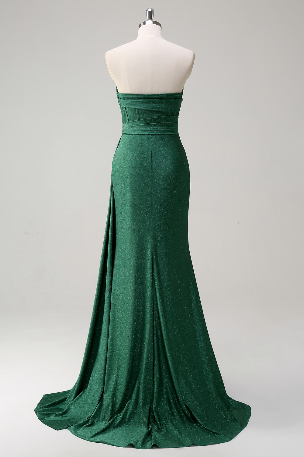 Glitter Dark Green Mermaid Strapless Ruched Corset Long Prom Dress with Streamer