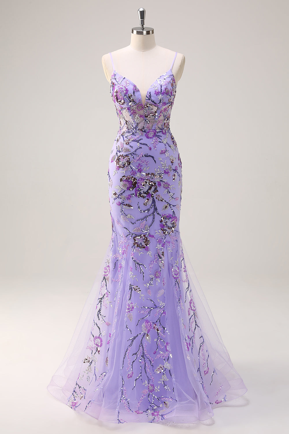 Sparkly Purple Mermaid Spaghetti Straps Backless Corset Long Prom Dress with Sequins