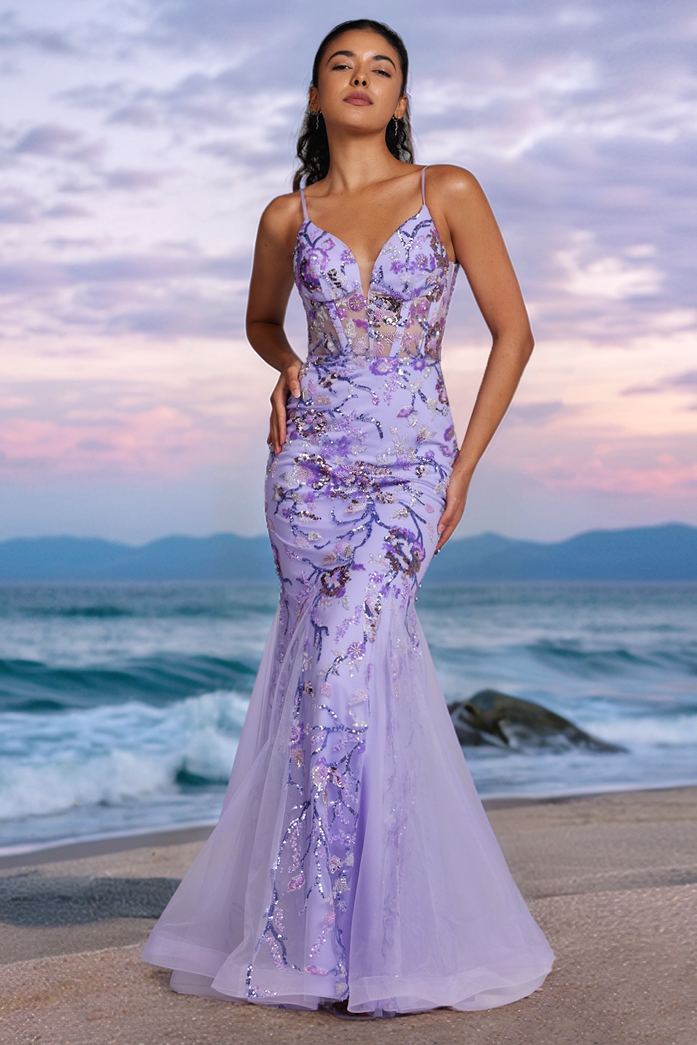 Sparkly Purple Mermaid V Neck Backless Corset Long Prom Dress with Sequins