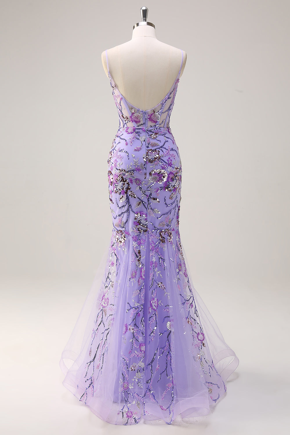 Sparkly Purple Mermaid Spaghetti Straps Backless Corset Long Prom Dress with Sequins