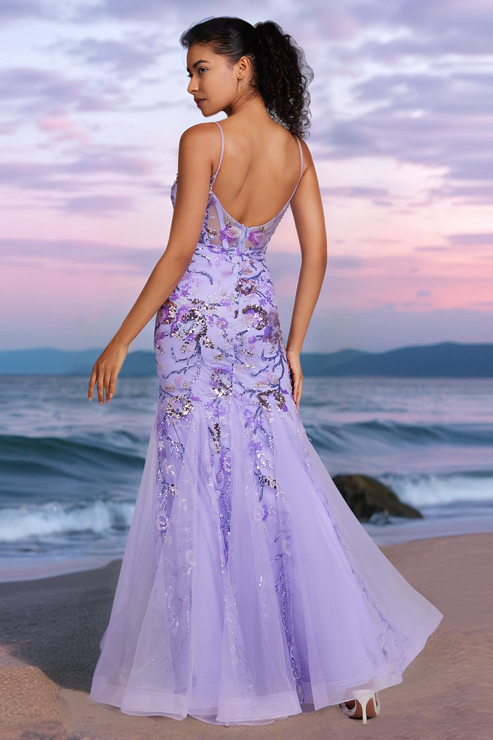 Sparkly Purple Mermaid V Neck Backless Corset Long Prom Dress with Sequins