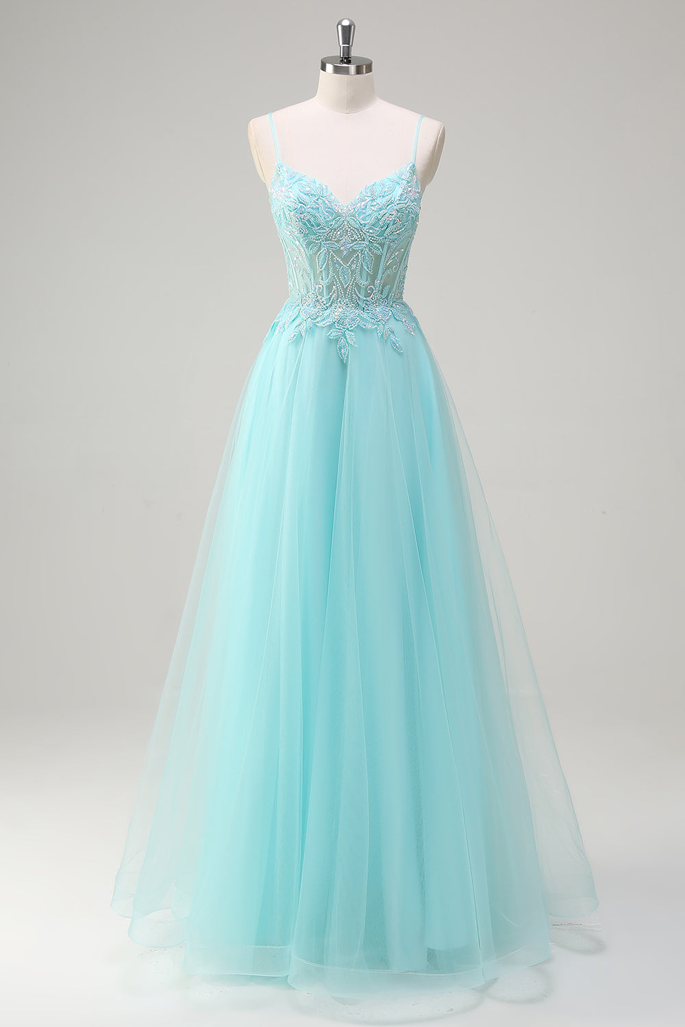 Sky Blue A-Line Spaghetti Straps Sequin Tulle Long Prom Dress with Beading