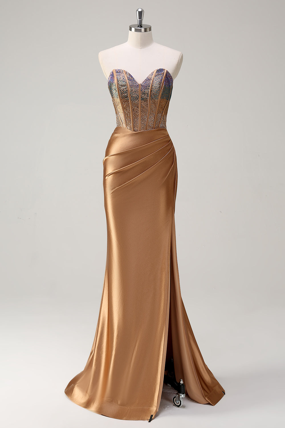 Brown Mermaid Sweetheart Beaded Ruched Long Prom Dress with Slit