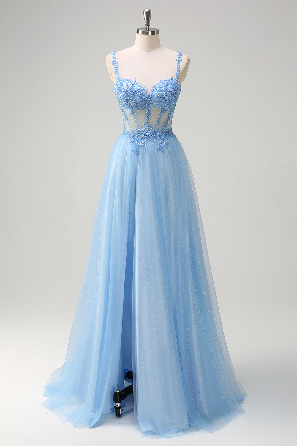 Sparkly Blue A-Line Lace Up Back Sheer Corset Long Prom Dress with Slit