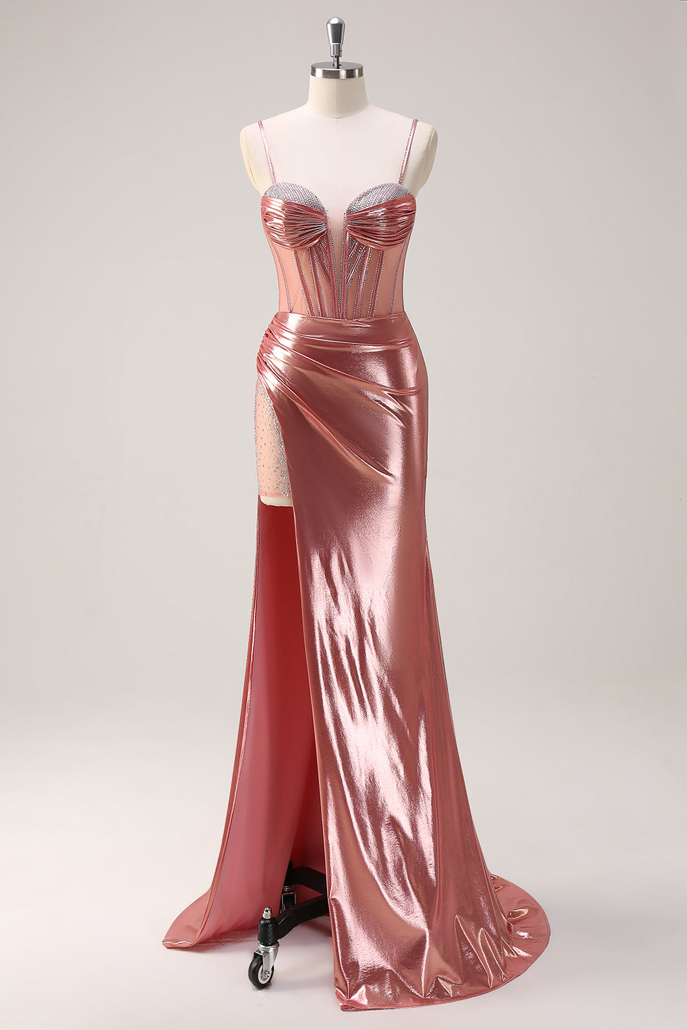 Blush Mermaid Spaghetti Straps Beaded Metallic Long Prom Dress with Slit