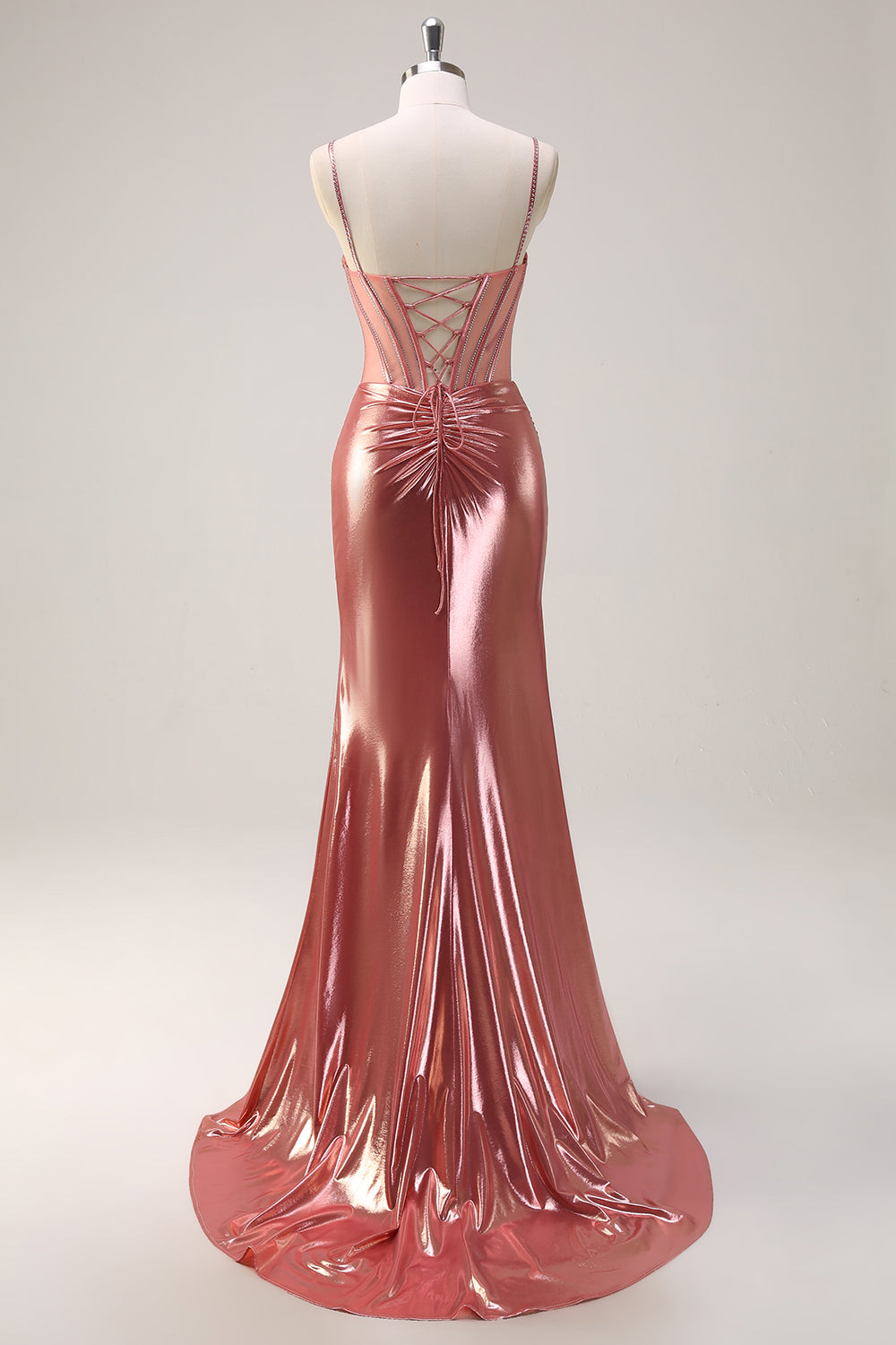 Blush Mermaid Spaghetti Straps Beaded Metallic Long Prom Dress with Slit