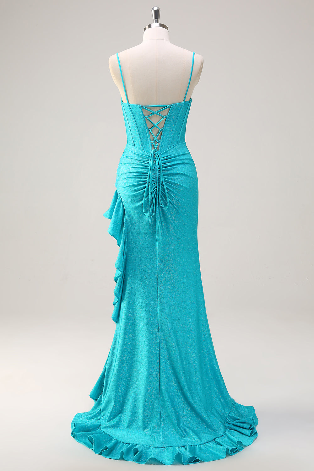 Glitter Blue Mermaid Spaghetti Straps Ruched Corset Prom Dress with Ruffle Slit