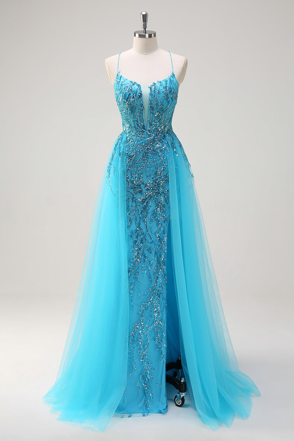 Sparkly Blue Mermaid Spaghetti Straps Side Cape Sequin Long Prom Dress with Slit