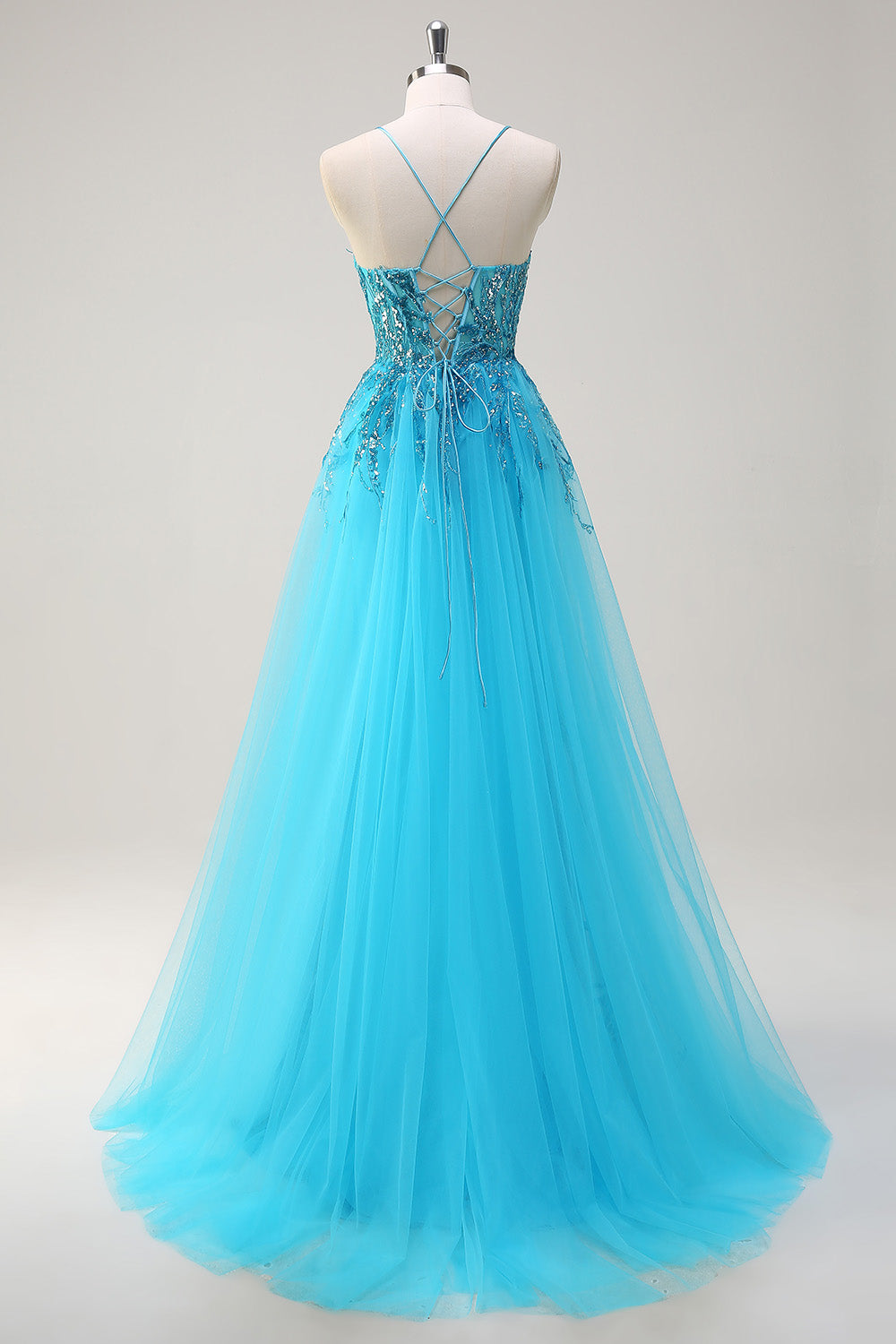 Sparkly Blue Mermaid Spaghetti Straps Side Cape Sequin Long Prom Dress with Slit