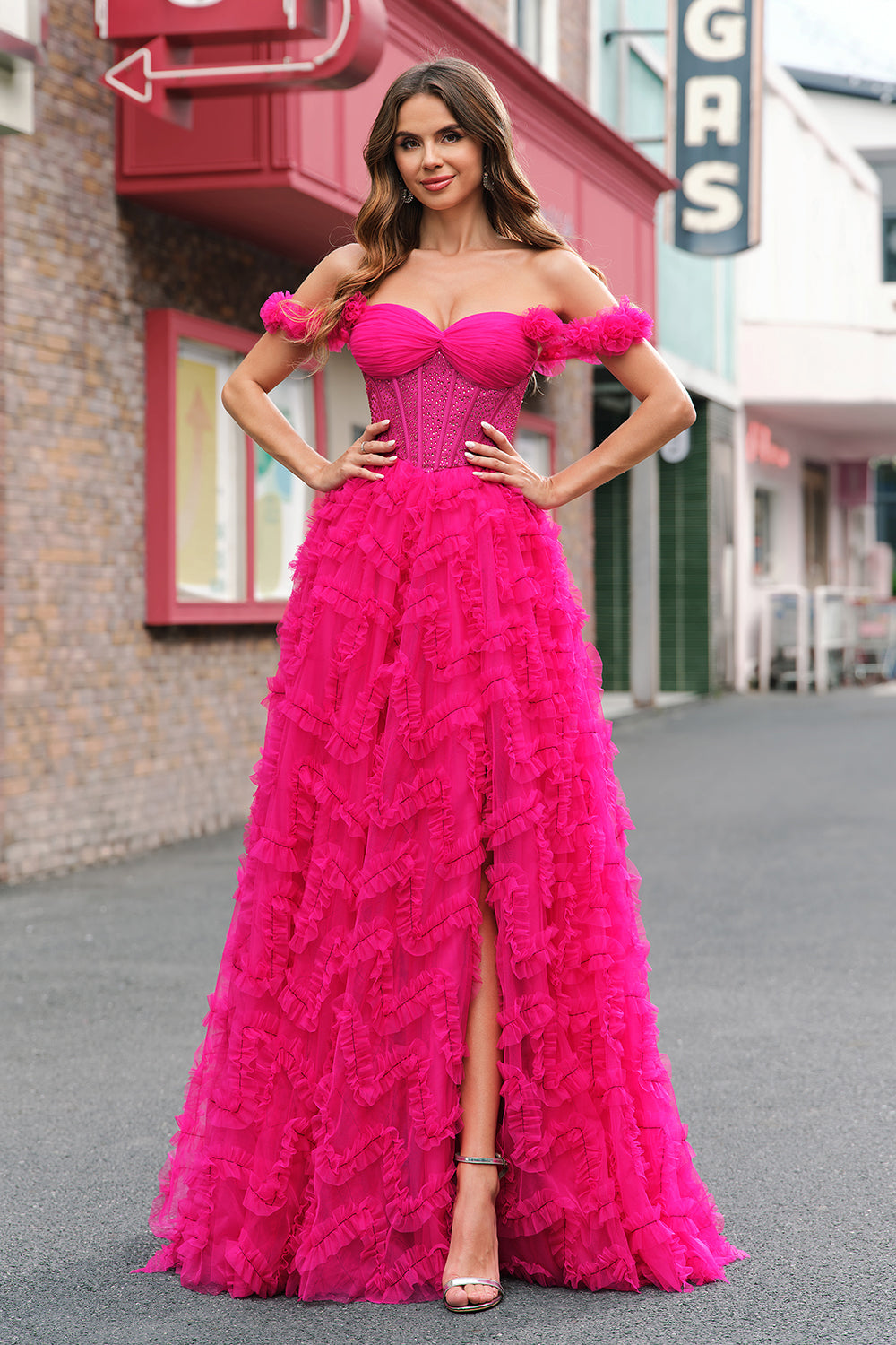 Fuchsia Off The Shoulder A-Line Ruched Tiered Corset Beaded Prom Dress with Slit