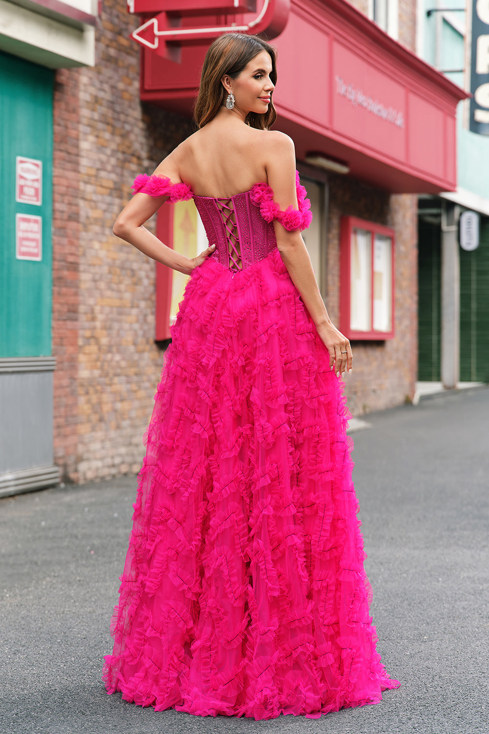 Fuchsia Off The Shoulder A-Line Ruched Tiered Corset Beaded Prom Dress with Slit