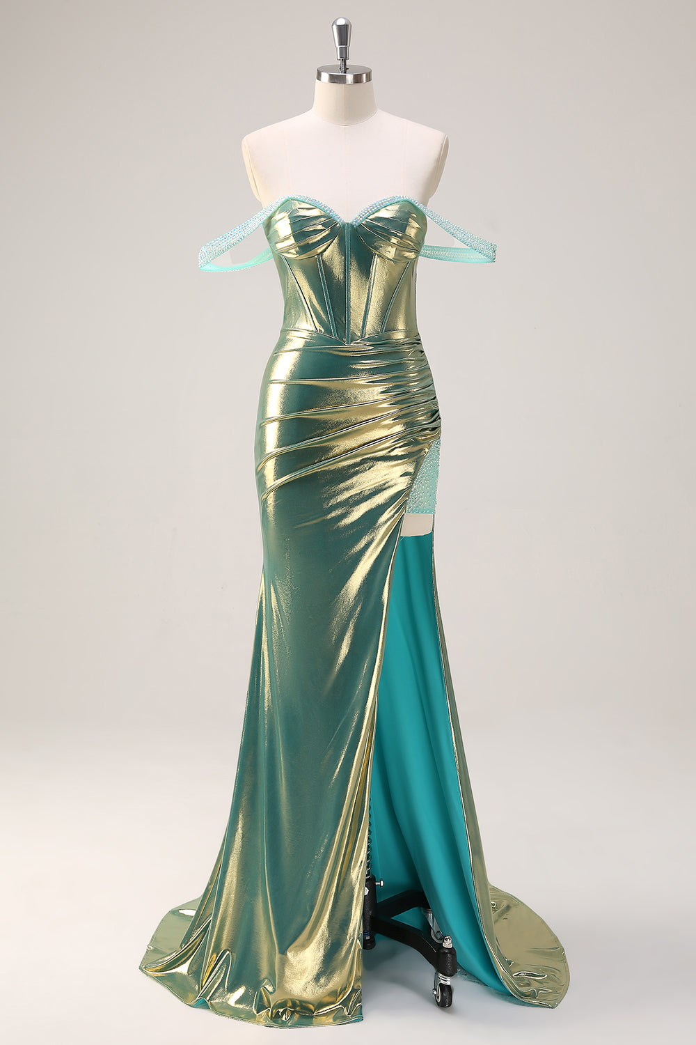 Sparkly Green Mermaid Off the Shoulder Long Corset Metallic Prom Dress with High Slit