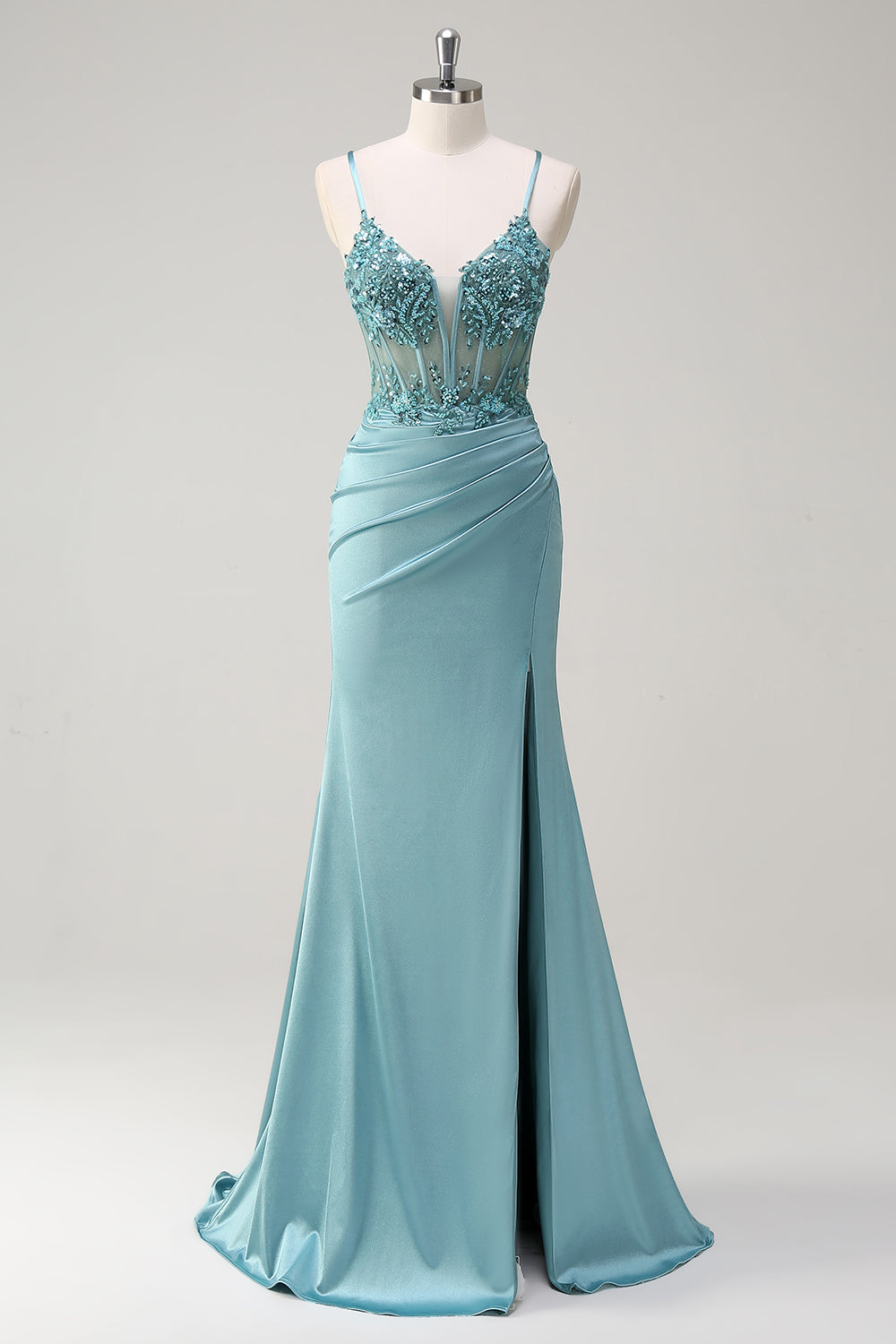 Sparkly Blue Mermaid Spaghetti Straps Beaded Corset Sequin Prom Dress with Slit