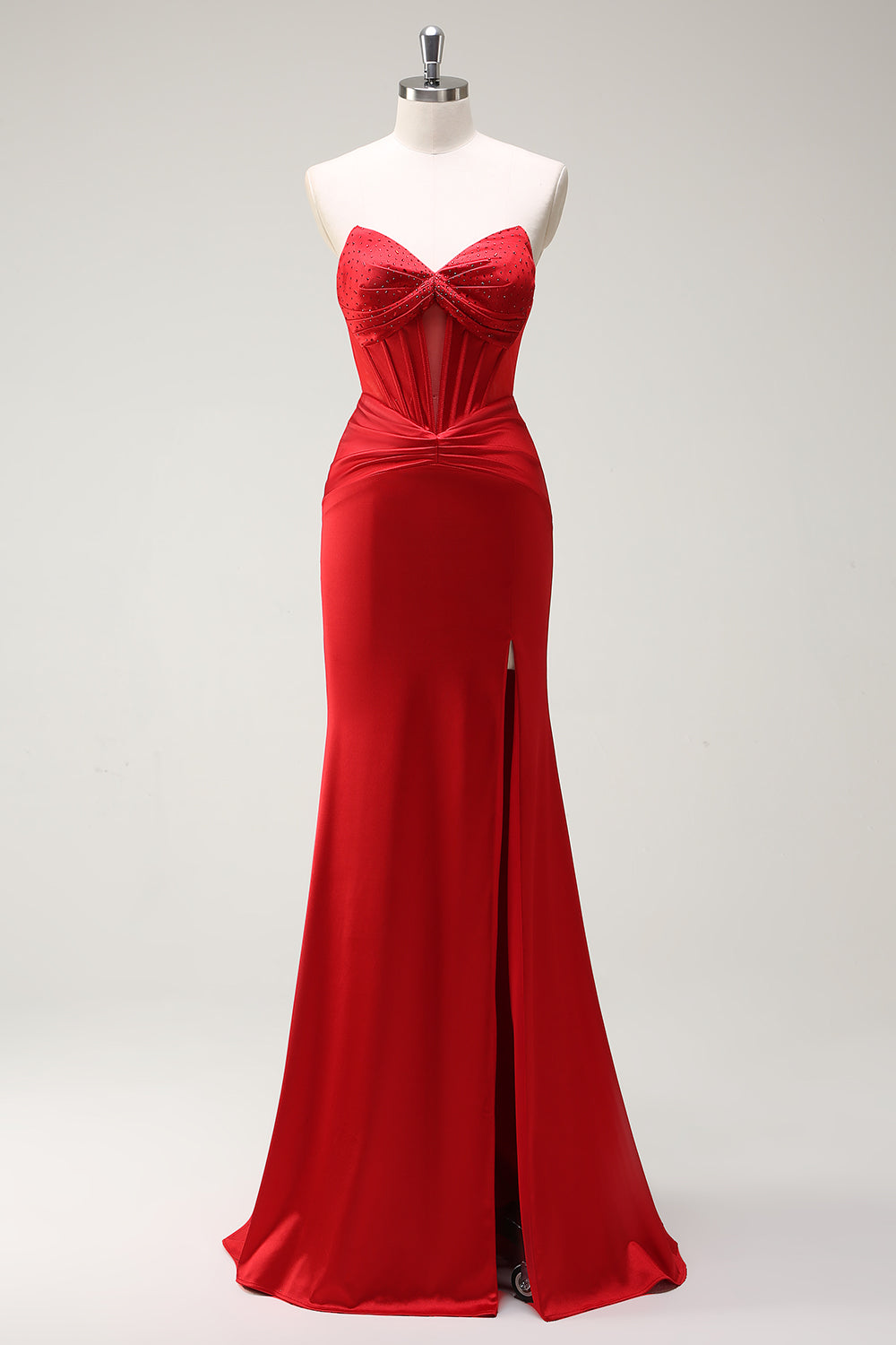 Sparkly Red Mermaid Strapless Corset Beaded Long Prom Dress with Slit