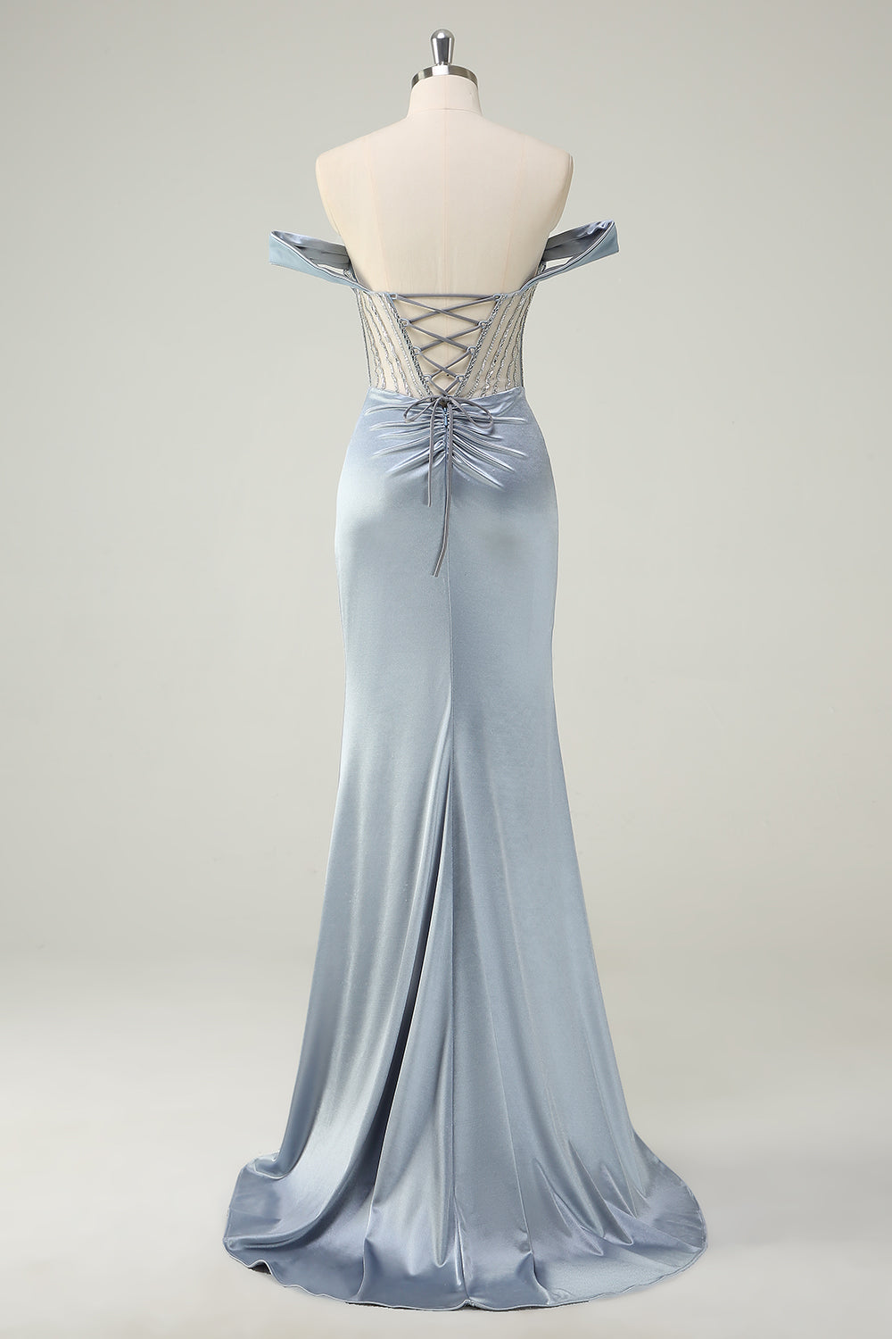 Dusty Blue Mermaid Off The Shoulder Sheer Corset Beaded Long Prom Dress With Slit