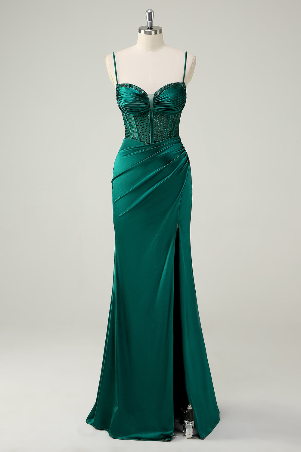 Dark Green Mermaid Corset Beaded Ruched Long Prom Dress with Slit