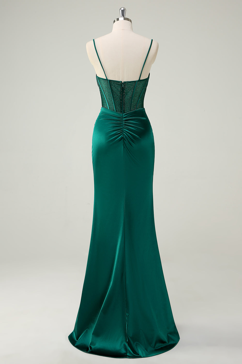 Dark Green Mermaid Corset Beaded Ruched Long Prom Dress with Slit