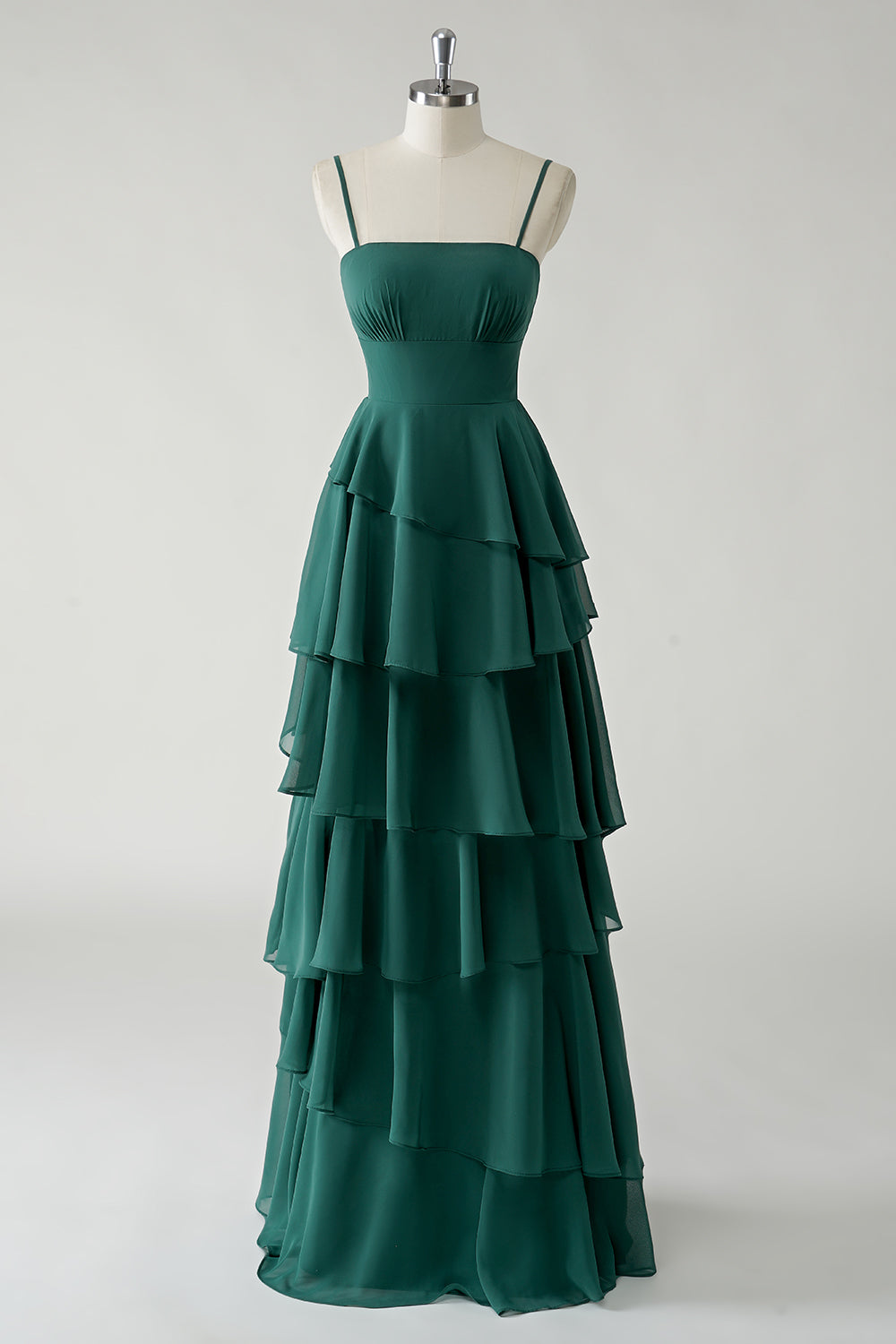 Dark Green A Line Spaghetti Straps Tiered Chiffon Floor Length Bridesmaid Dress