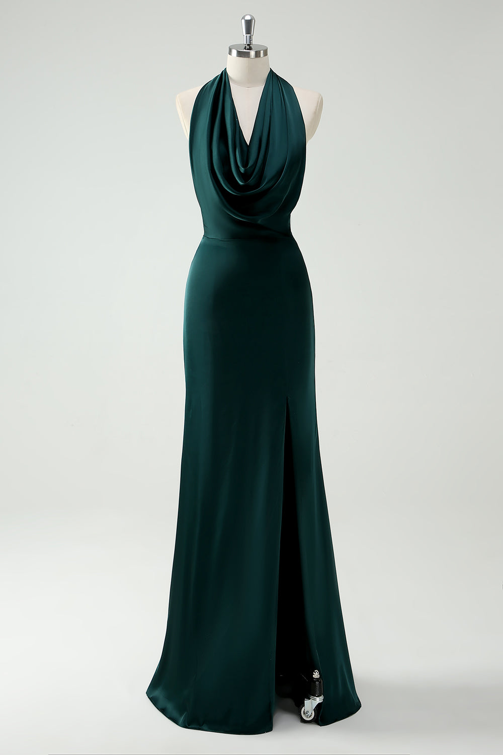 Pine Sheath Halter Cowl Neck Open Back Long Bridesmaid Dress with Slit