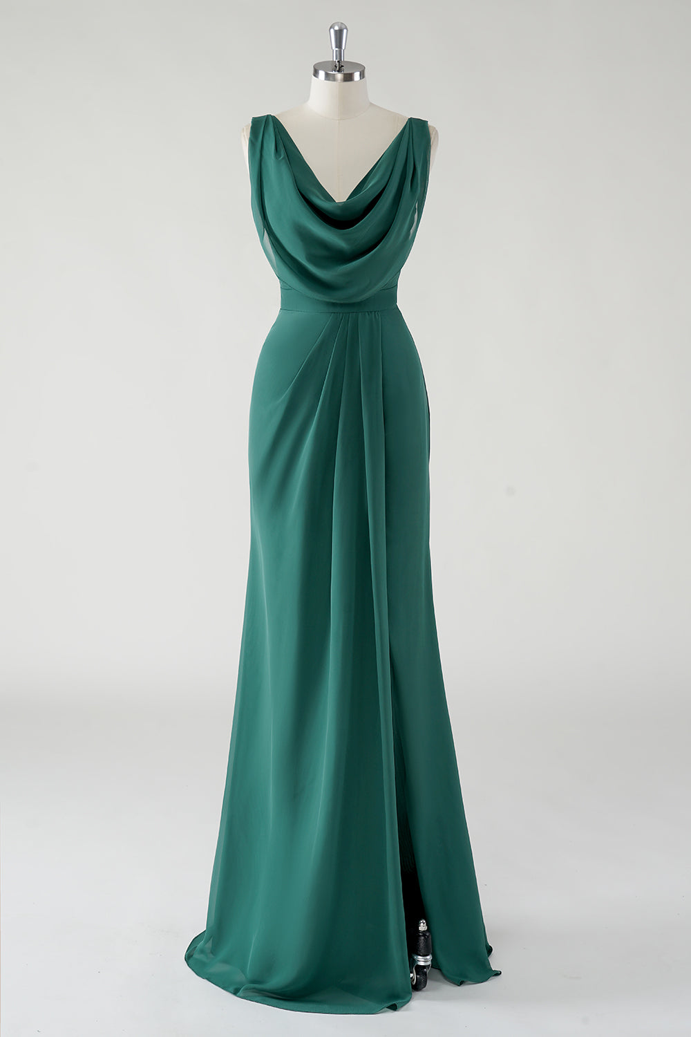 Dark Green Sheath Cowl Neck Chiffon Floor Length Bridesmaid Dress with Slit