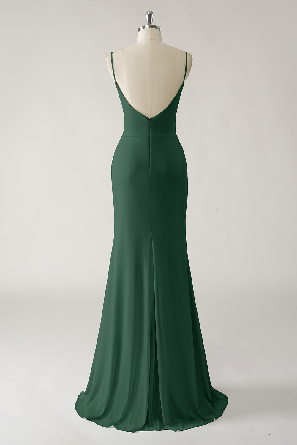 Dark Green Mermaid Spaghetti Straps Chiffon Ruched Long Bridesmaid Dress with Slit