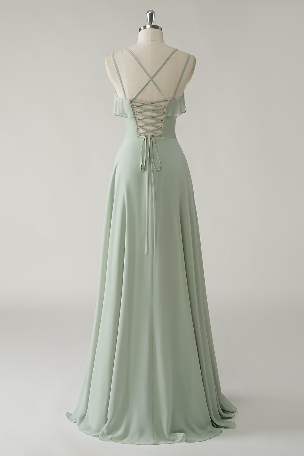 Dusty Sage A Line Spaghetti Straps Chiffon Long Bridesmaid Dress with Ruffle Slit