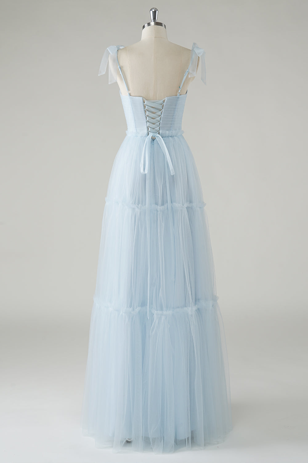 Sky Blue A Line Spaghetti Straps Corset Long Bridesmaid Dress with Lace Up Back