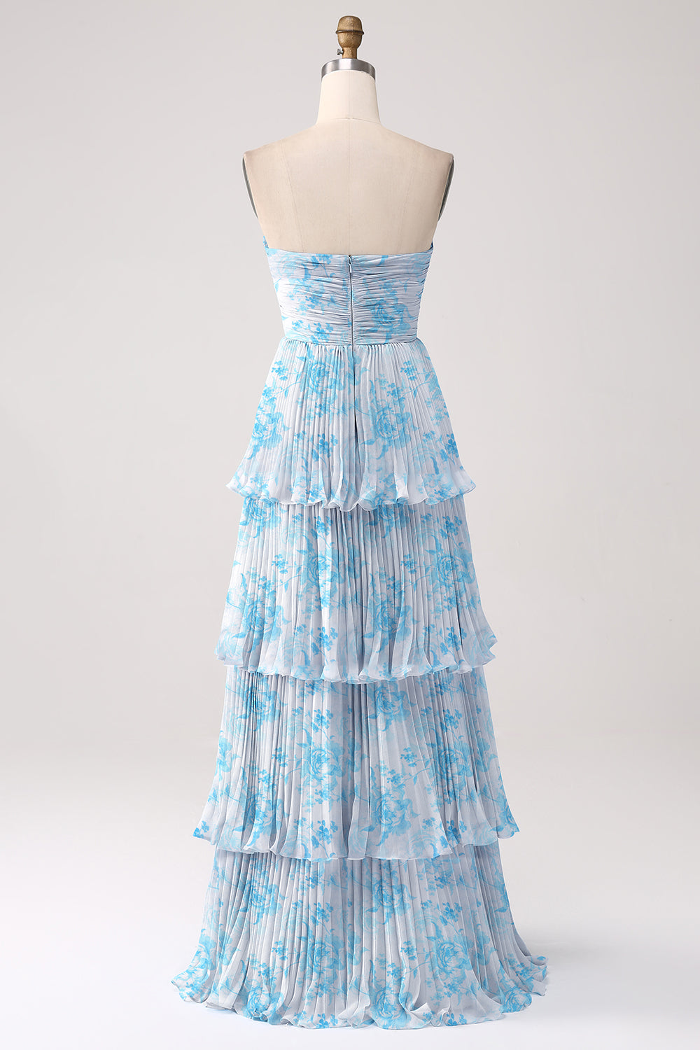 Blue Flower A-Line Sweetheart Tiered Chiffon Print Floor Length Bridesmaid Dress