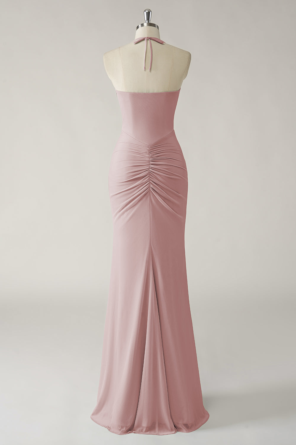 Dusty Rose Mermaid Halter Open Back Ruched Long Bridesmaid Dress